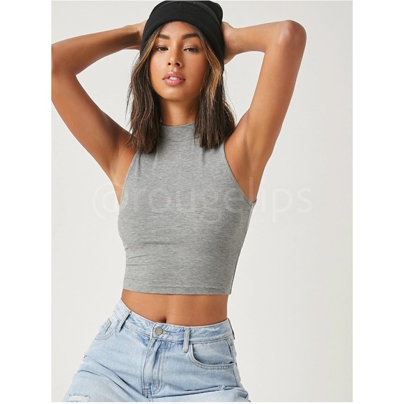 High Neck Grey Crop Tank Top - Picture 2 of 7